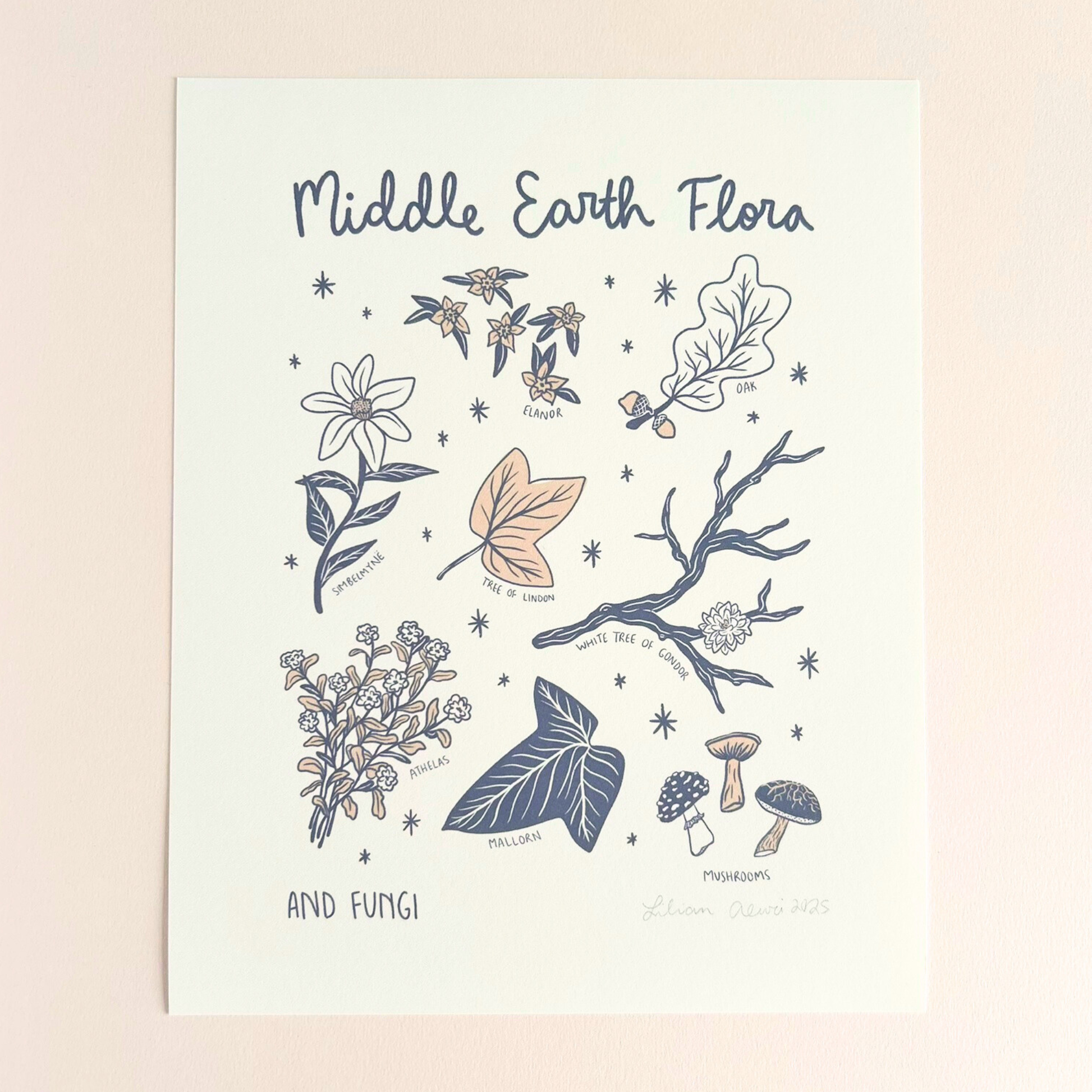 Illustration of middle earth plants and fungi with text on a light pink background