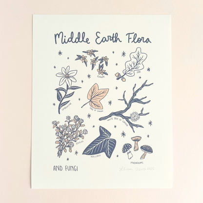 Illustration of middle earth plants and fungi with text on a light pink background