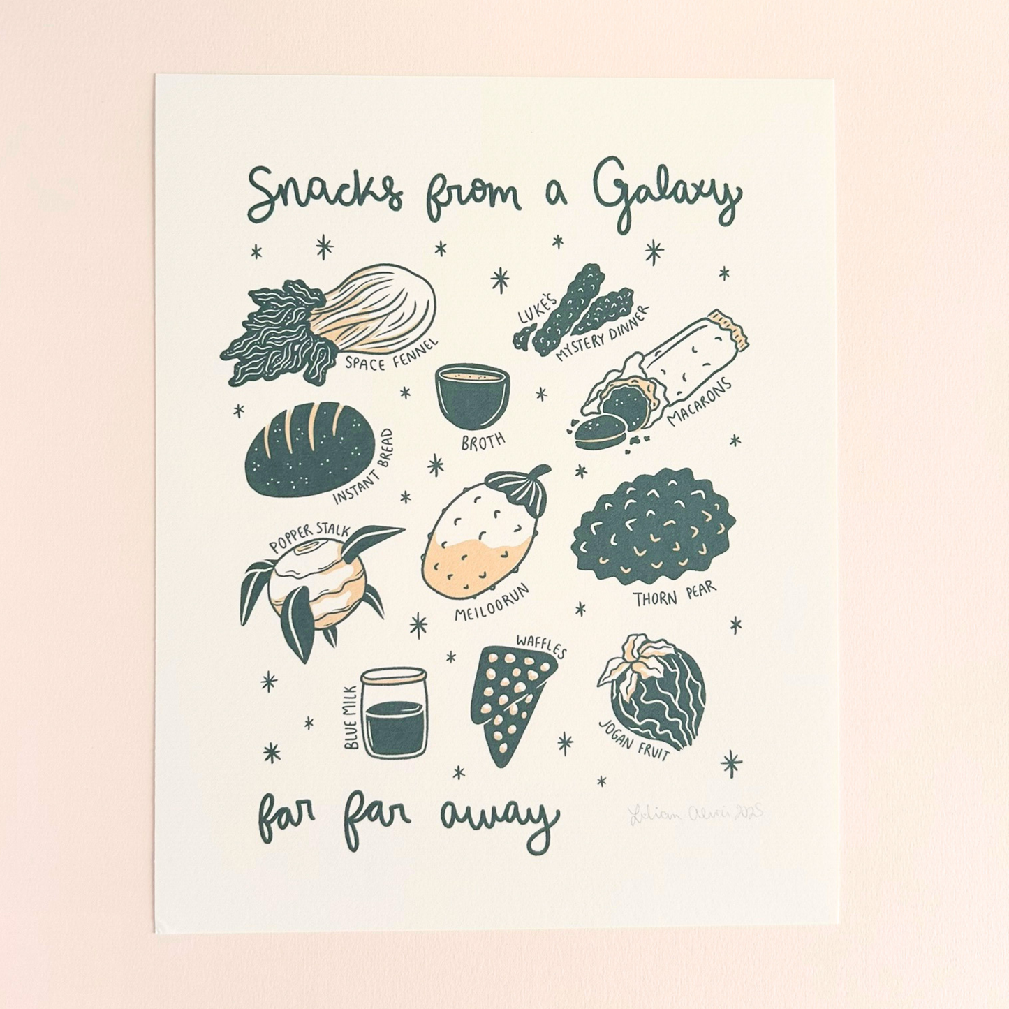 Illustration of star wars themed snacks with text 'Snacks from a Galaxy far far away' on a gradient background.