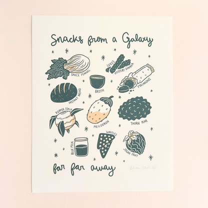 Illustration of star wars themed snacks with text 'Snacks from a Galaxy far far away' on a gradient background.