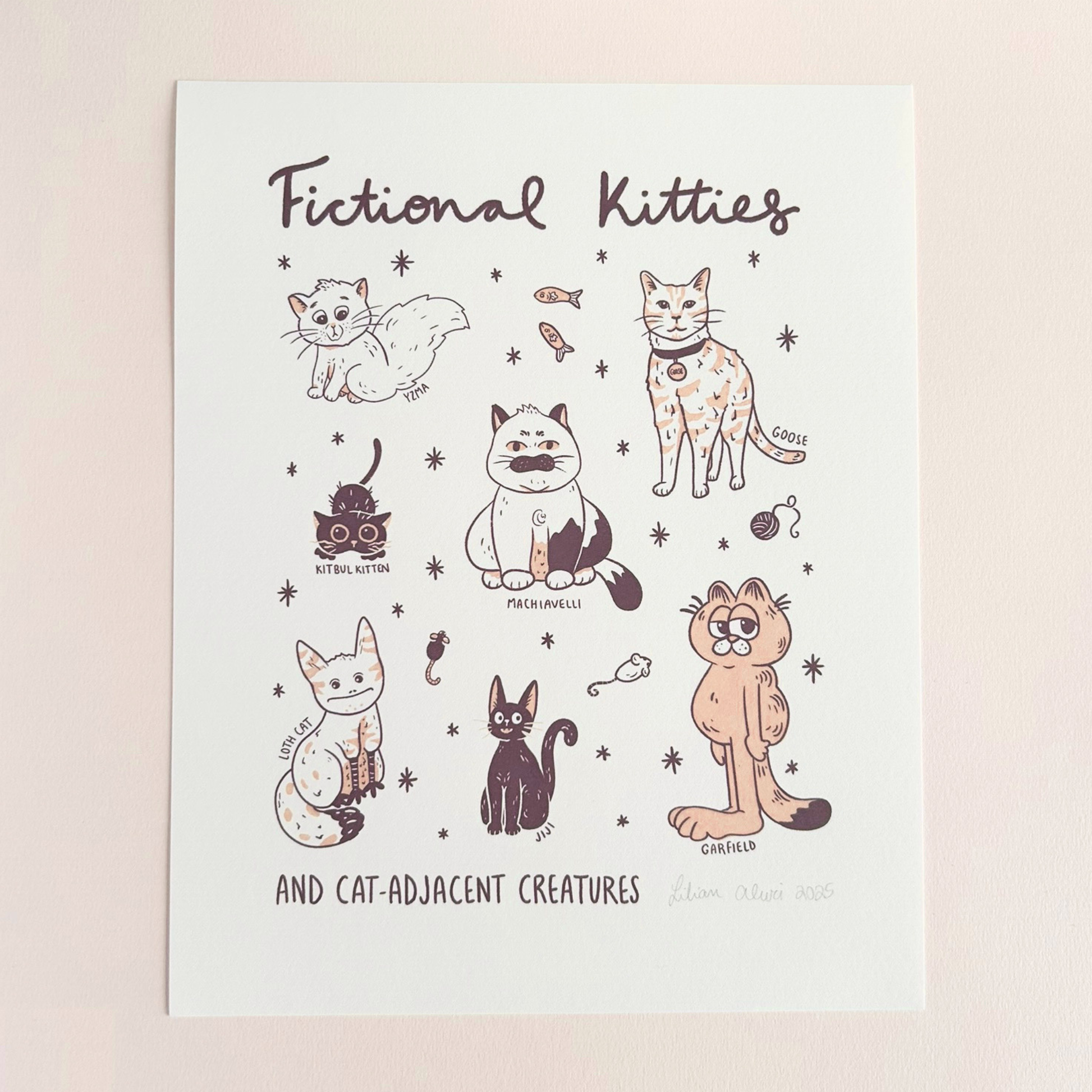 Illustrations of cats and cat-like creatures with 'Fictional Kitties' text on a light background