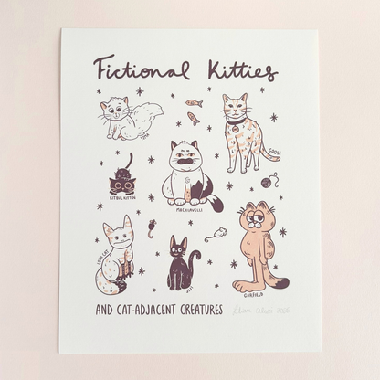 Illustrations of cats and cat-like creatures with 'Fictional Kitties' text on a light background