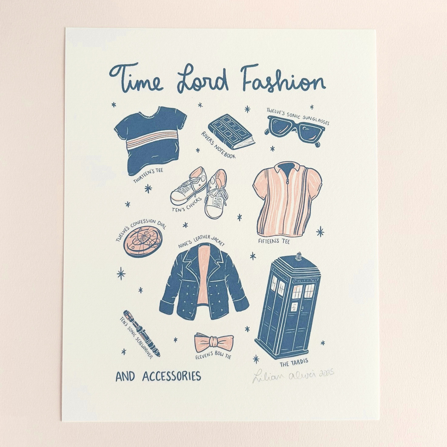Illustrated art print that says Time Lord Fashion and accessories with different clothing items, the TARDIS, and sonic screwdrivers