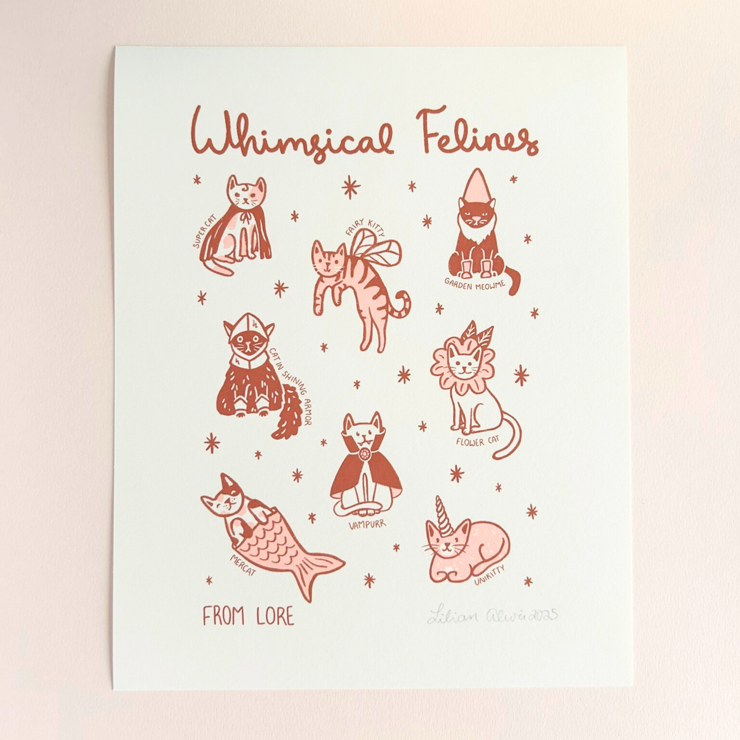 Illustrations of cats in various poses with 'Whimsical Felines' text on a light background