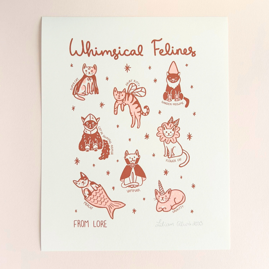 Illustrations of cats in various poses with 'Whimsical Felines' text on a light background