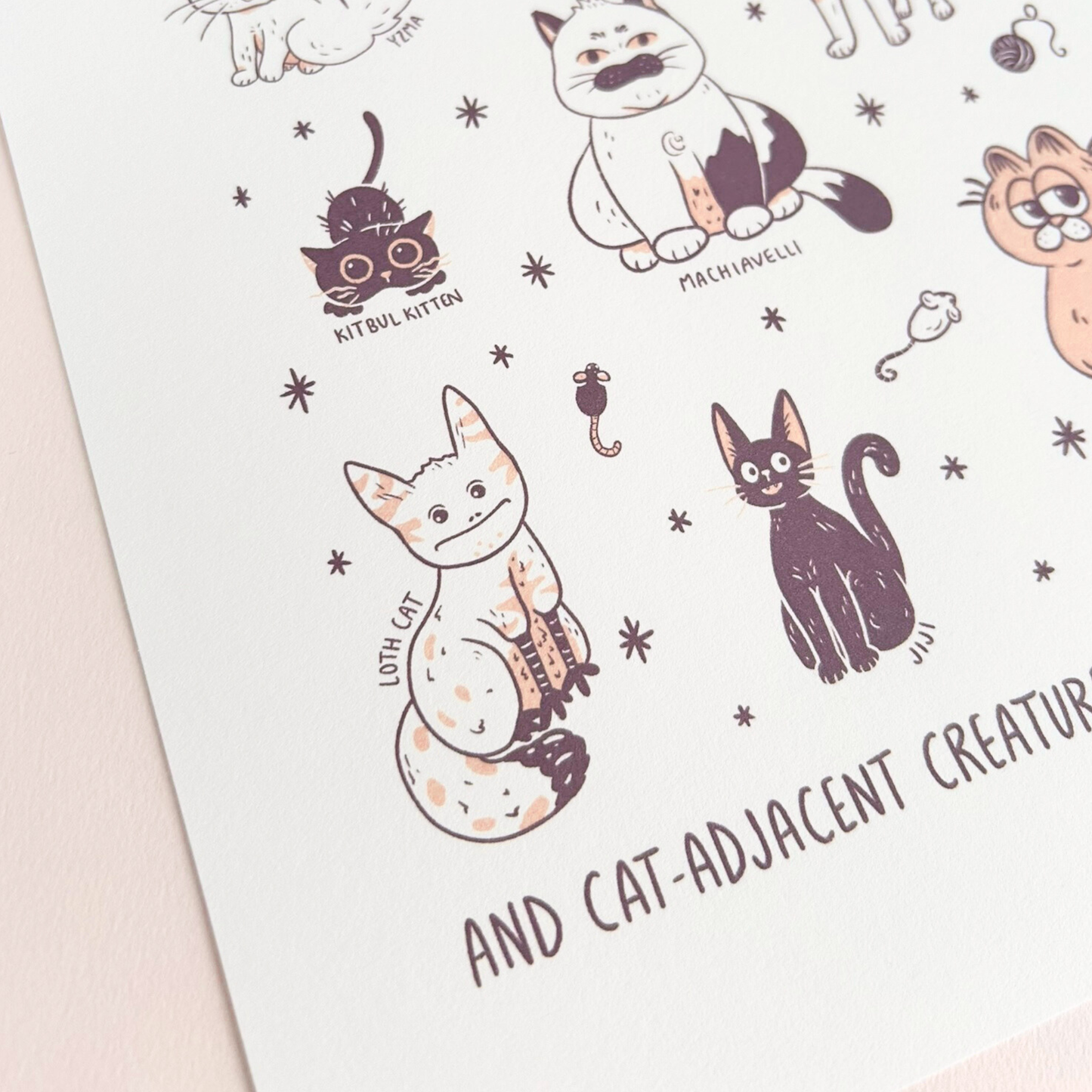 art print with cartoon cat illustrations and text on a white background
