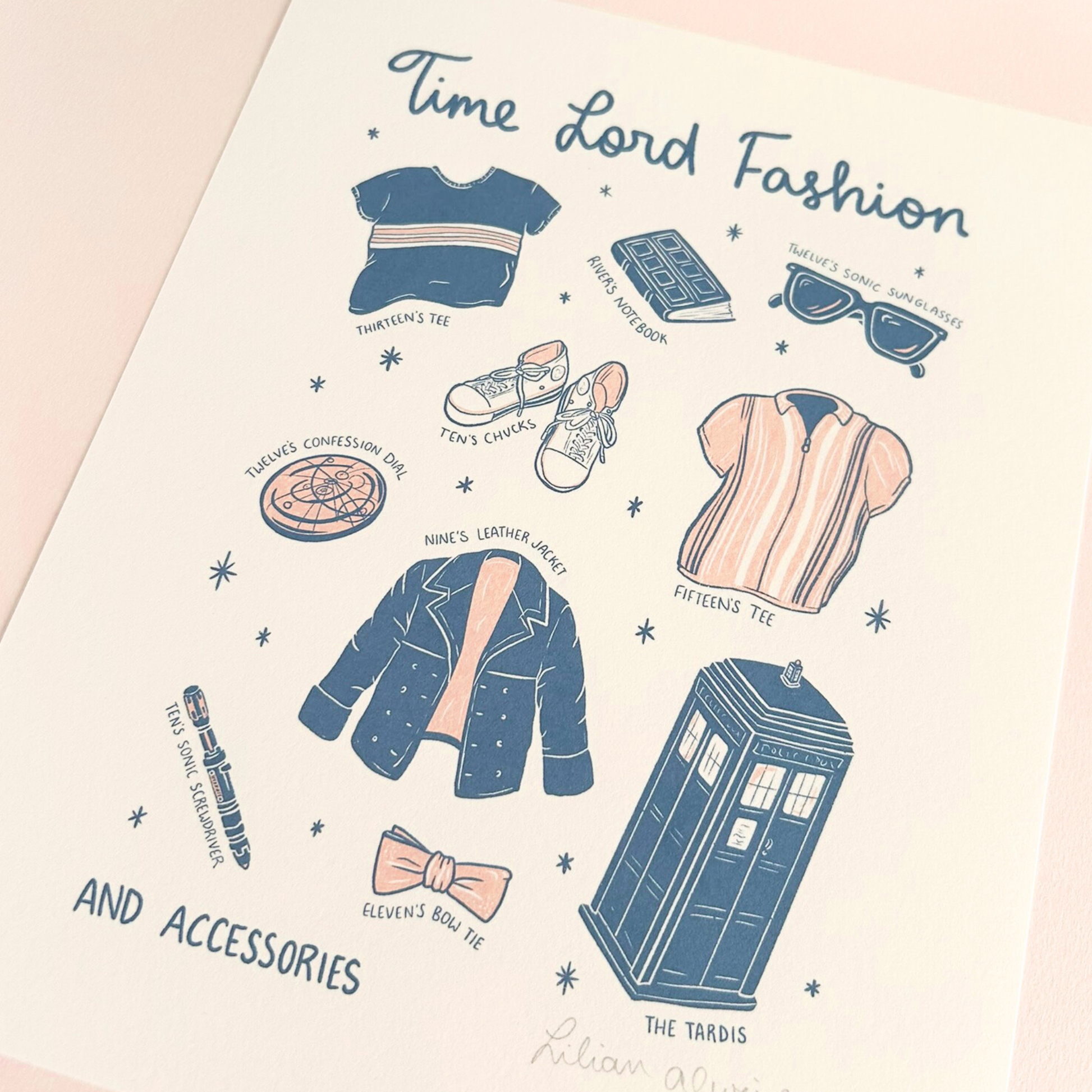 Illustrated art print that says Time Lord Fashion and accessories with different clothing items, the TARDIS, and sonic screwdrivers