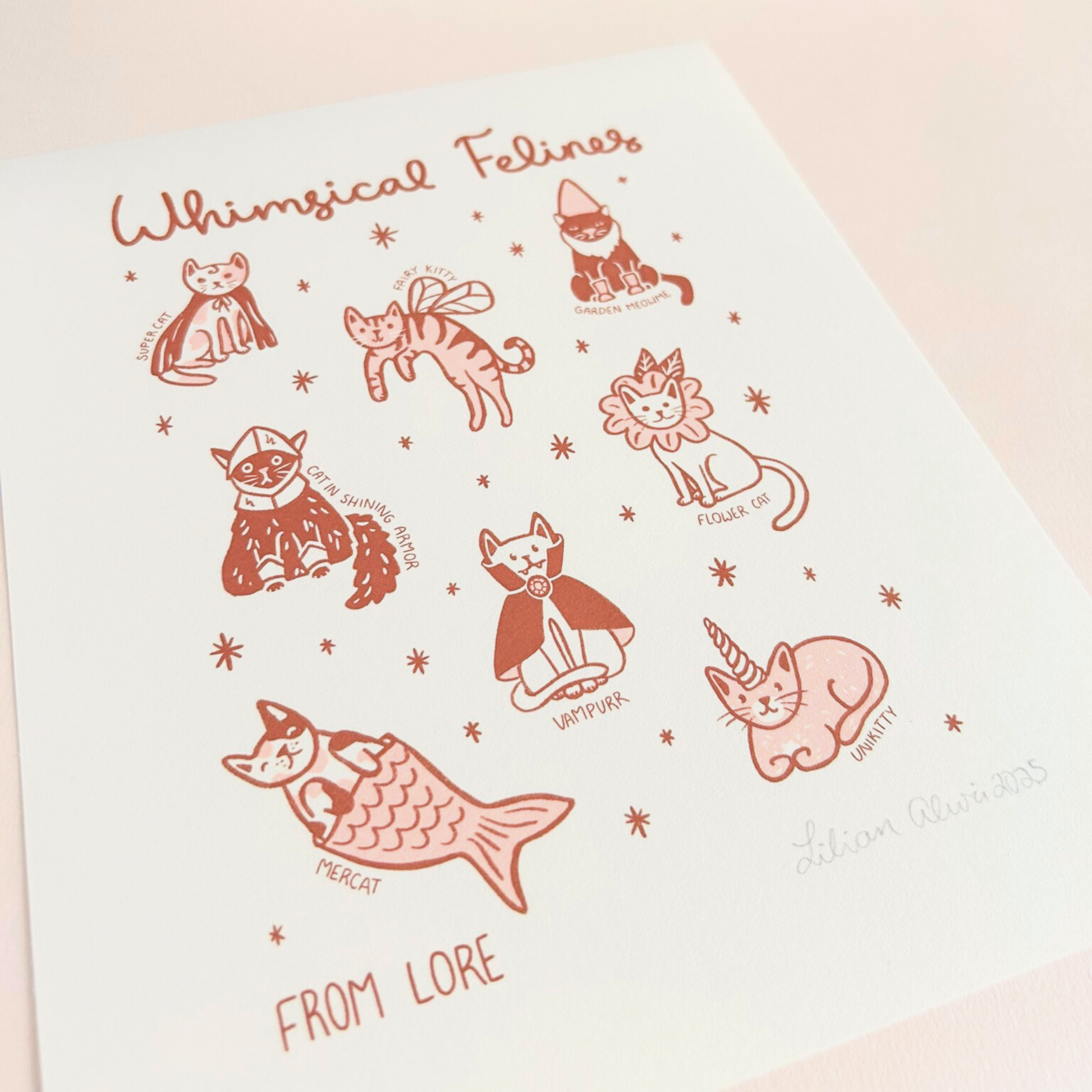 Illustrations of cats in various poses with 'Whimsical Felines' text on a light background