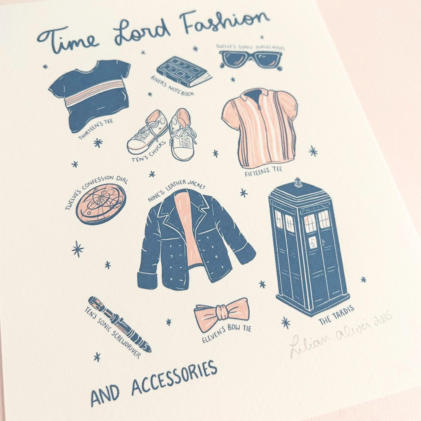Illustrated art print that says Time Lord Fashion and accessories with different clothing items, the TARDIS, and sonic screwdrivers