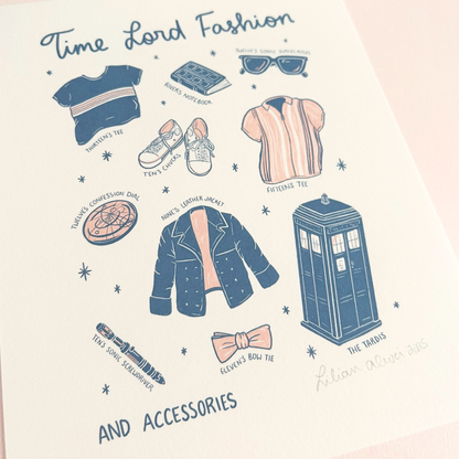 Illustrated art print that says Time Lord Fashion and accessories with different clothing items, the TARDIS, and sonic screwdrivers