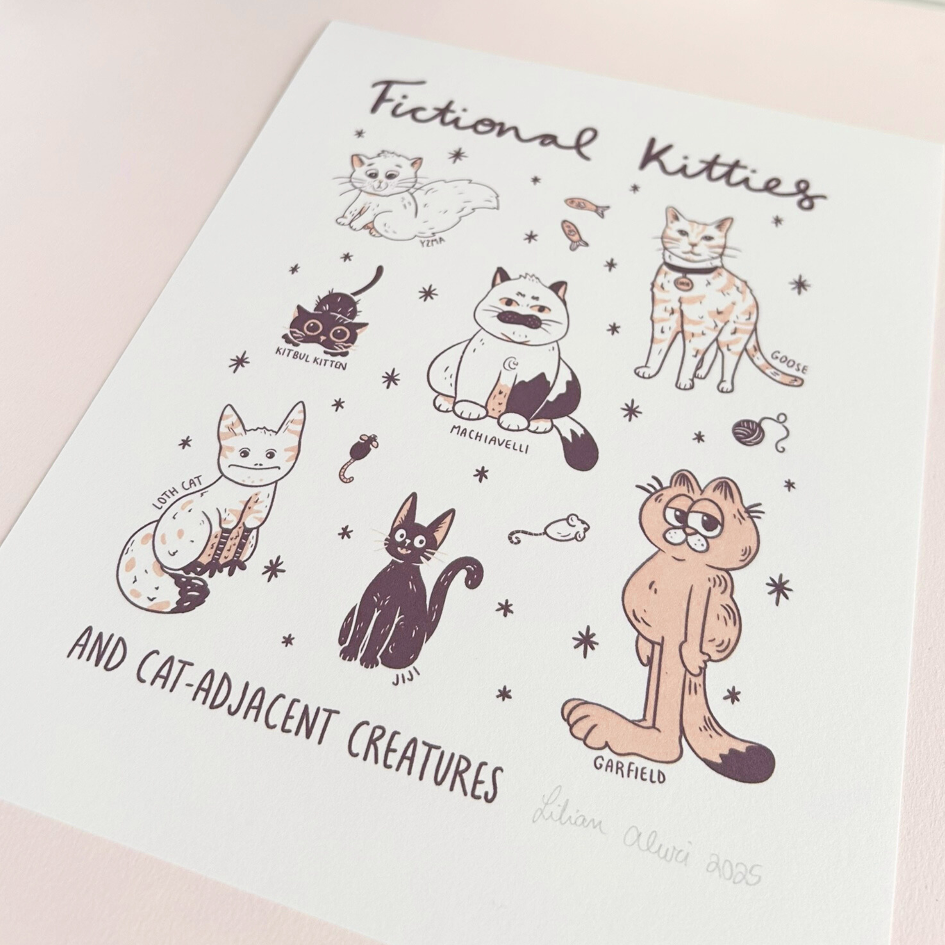 art print with cartoon cat illustrations and text on a white background