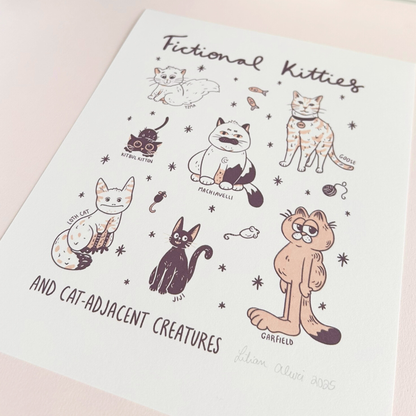 art print with cartoon cat illustrations and text on a white background