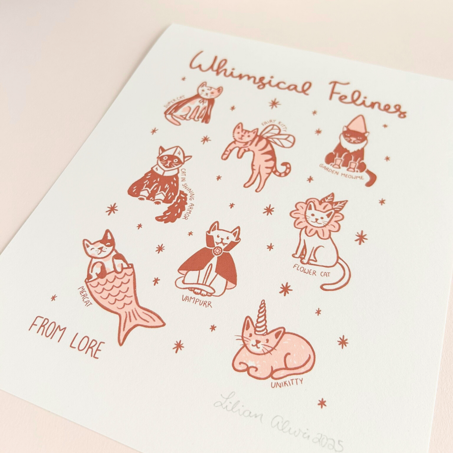 Illustrations of cats in various poses with 'Whimsical Felines' text on a light background