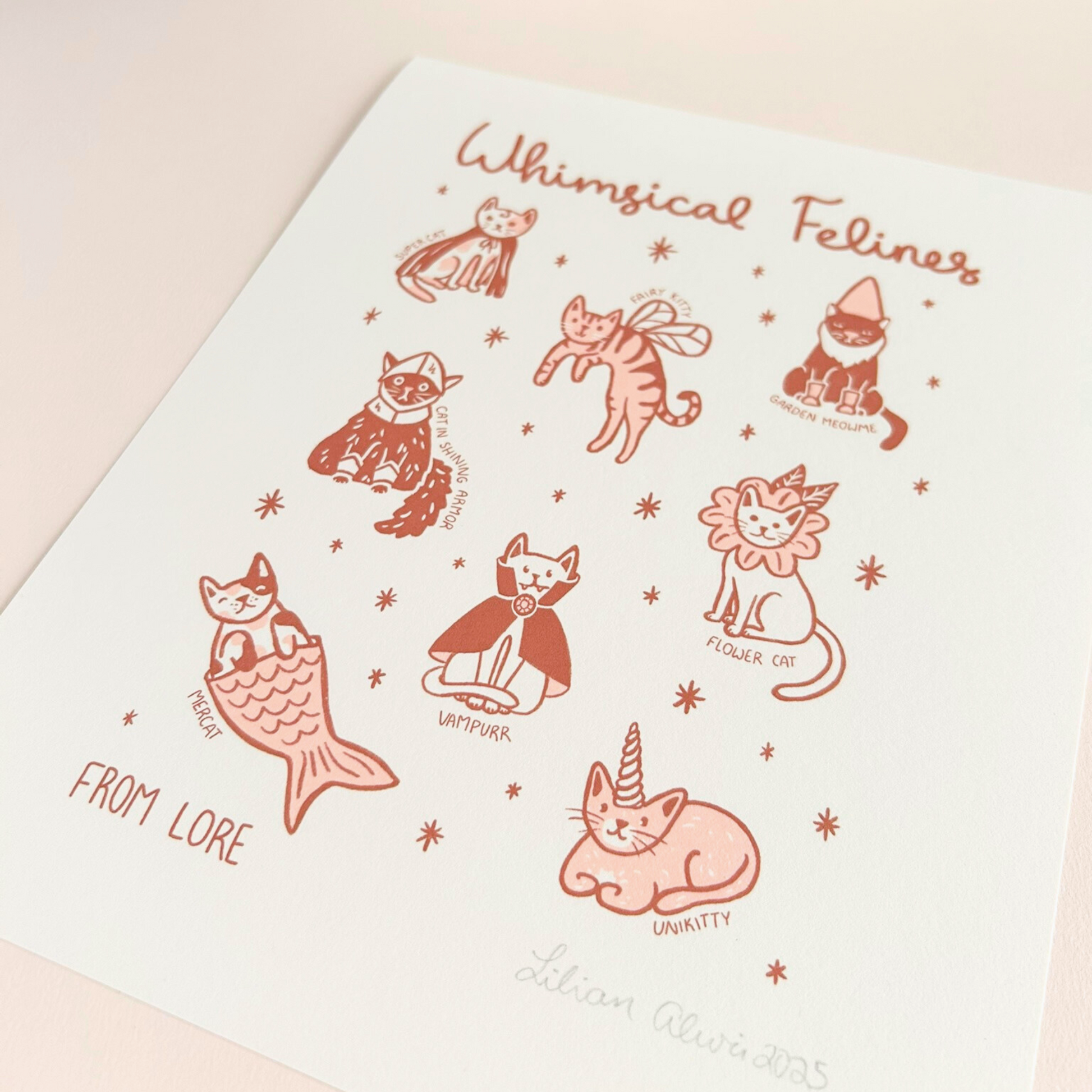 Illustrations of cats in various poses with 'Whimsical Felines' text on a light background