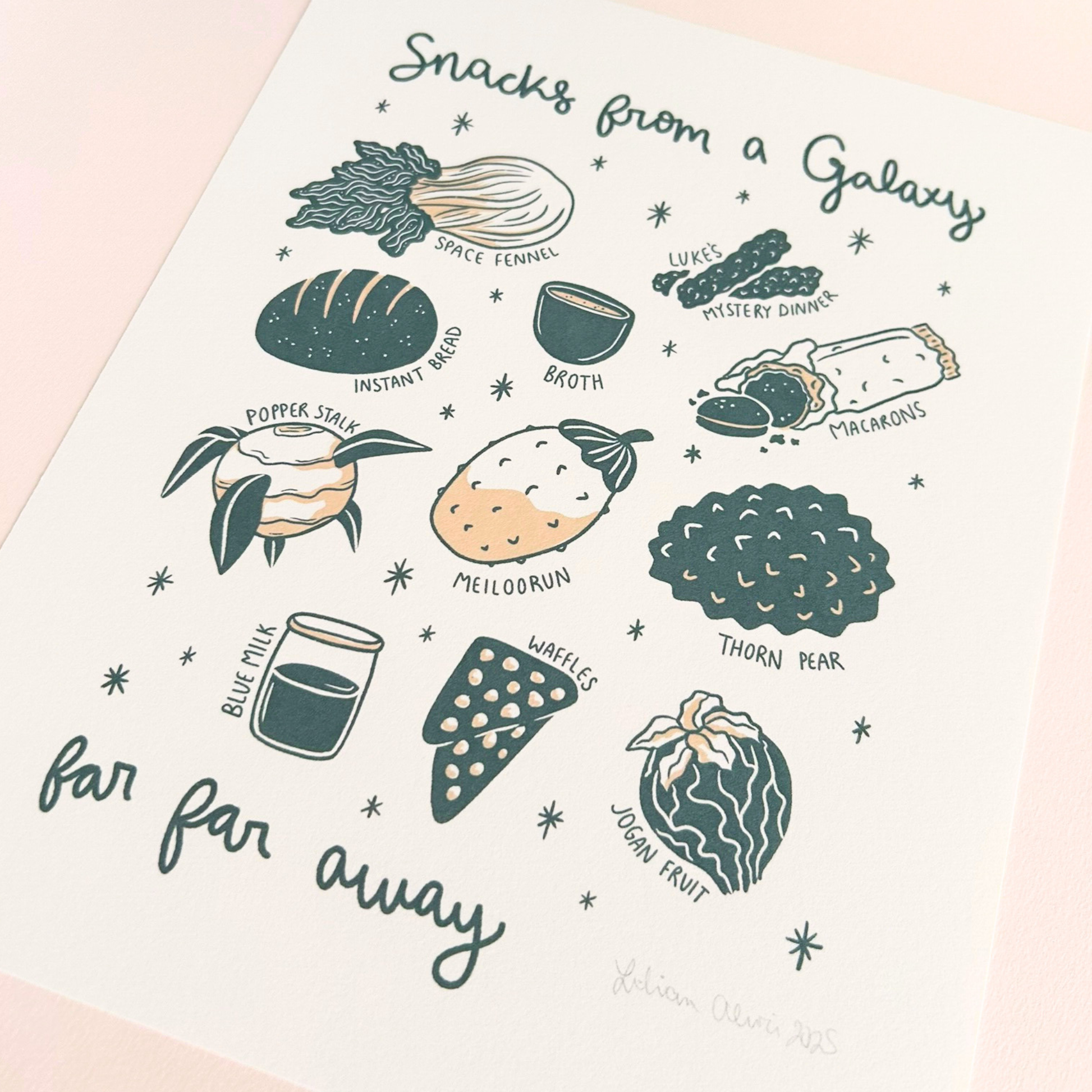 Illustration of star wars themed snacks with text 'Snacks from a Galaxy far far away' on a gradient background.