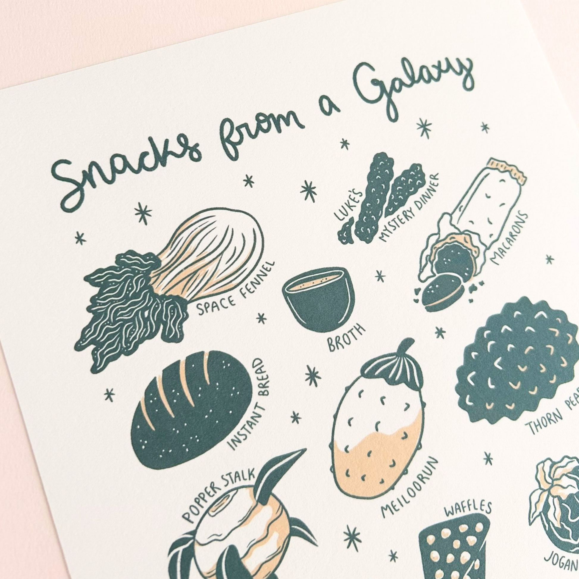 Illustration of star wars themed snacks with text 'Snacks from a Galaxy far far away' on a gradient background.