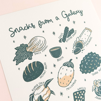 Illustration of star wars themed snacks with text 'Snacks from a Galaxy far far away' on a gradient background.