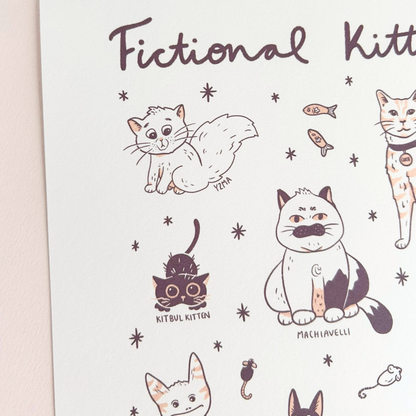 art print with cartoon cat illustrations and text on a white background