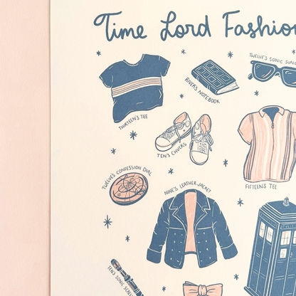 Illustrated art print that says Time Lord Fashion and accessories with different clothing items, the TARDIS, and sonic screwdrivers