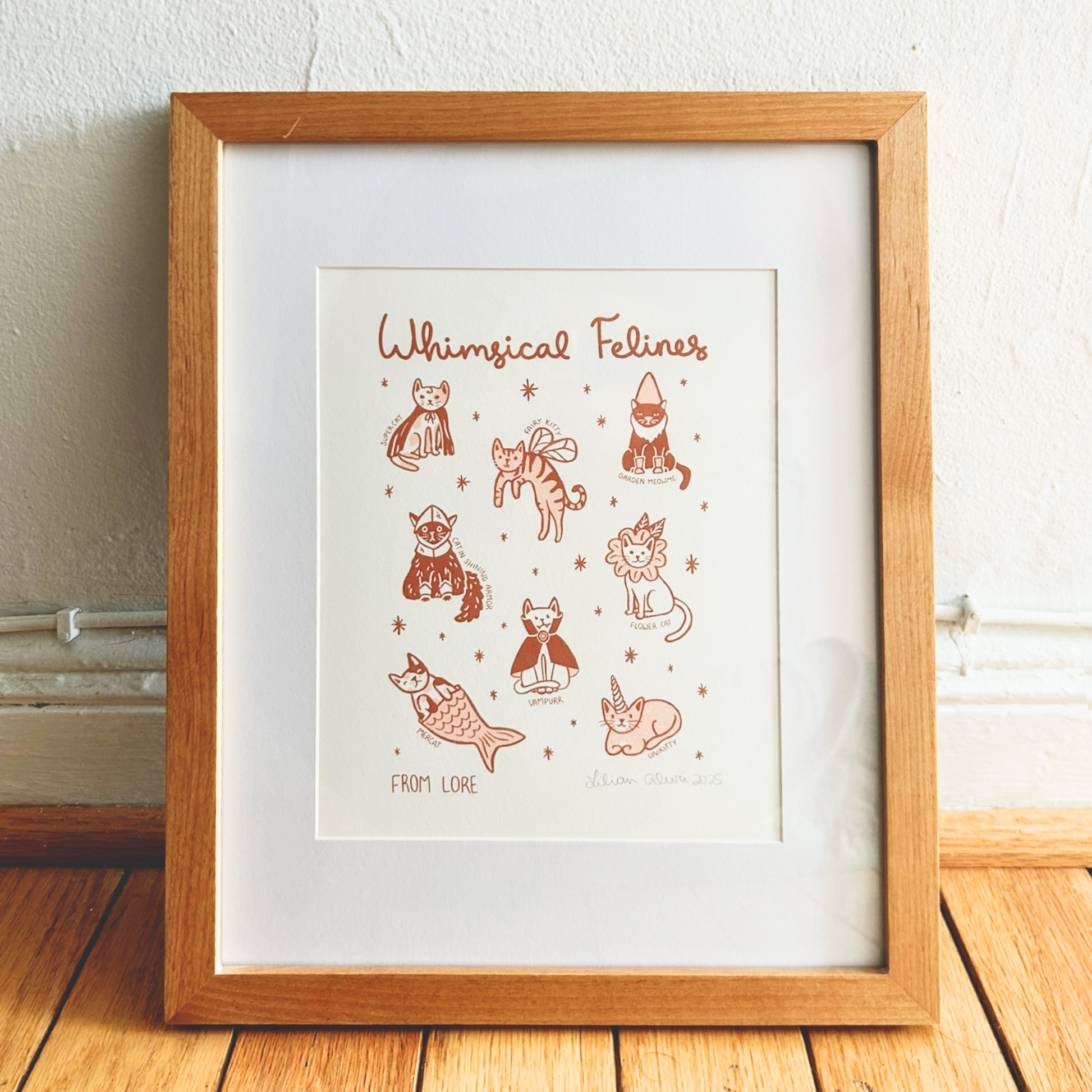 Illustrations of cats in various poses with 'Whimsical Felines' text on a light background