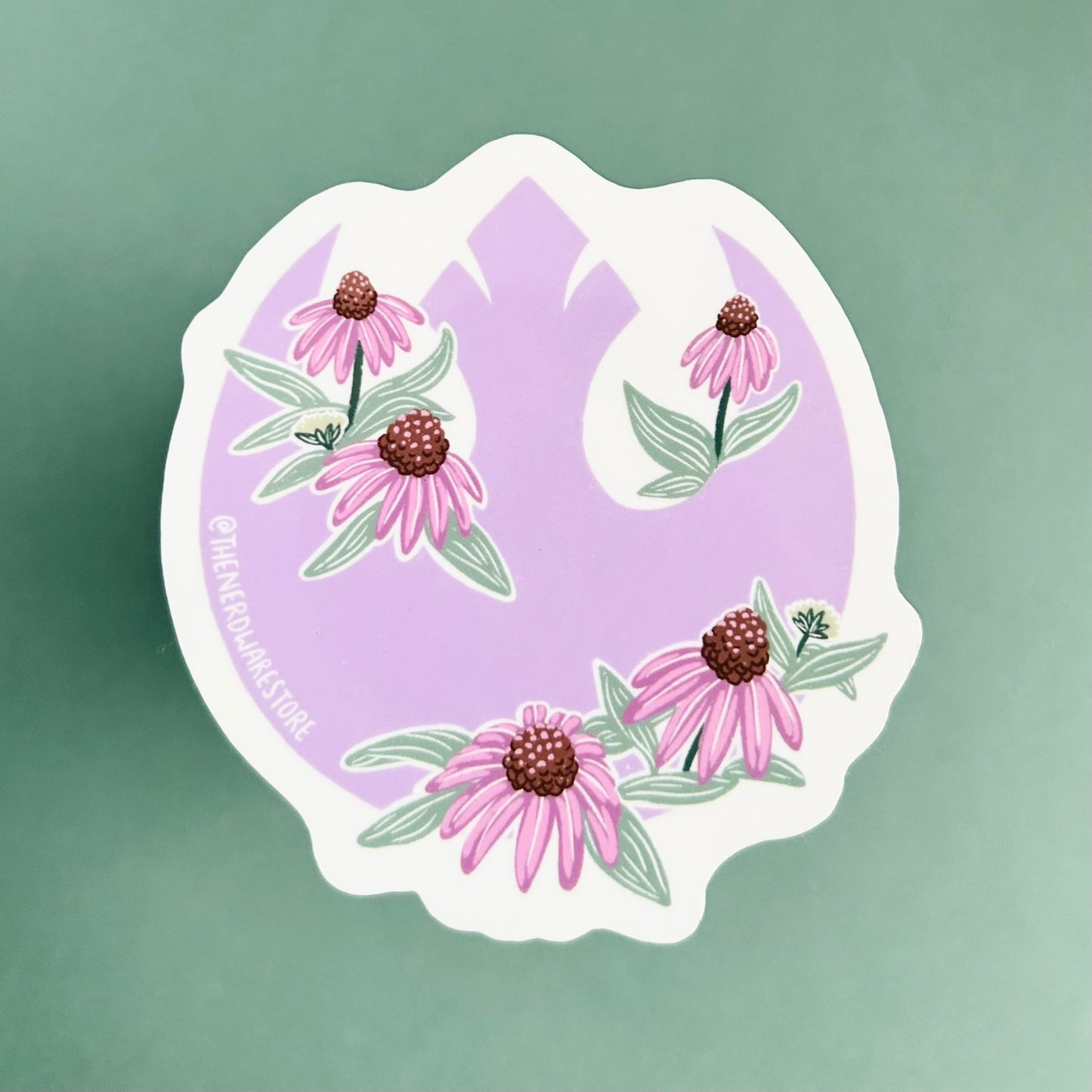 A large vinyl decal sticker of the Star Wars rebel alliance symbol in purple surrounded by echinacea flowers.