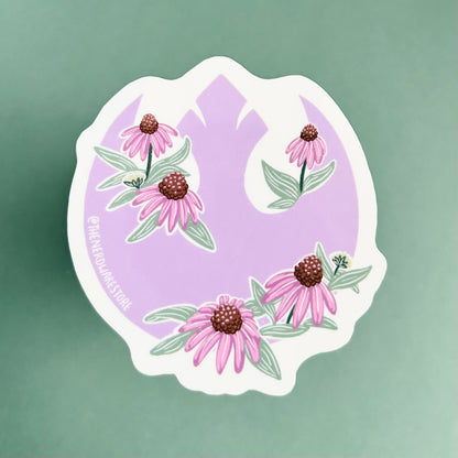 A large vinyl decal sticker of the Star Wars rebel alliance symbol in purple surrounded by echinacea flowers.