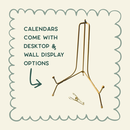 calendars come with desktop & wall display options - an arrow points to a gold folding desktop display and a gold clip