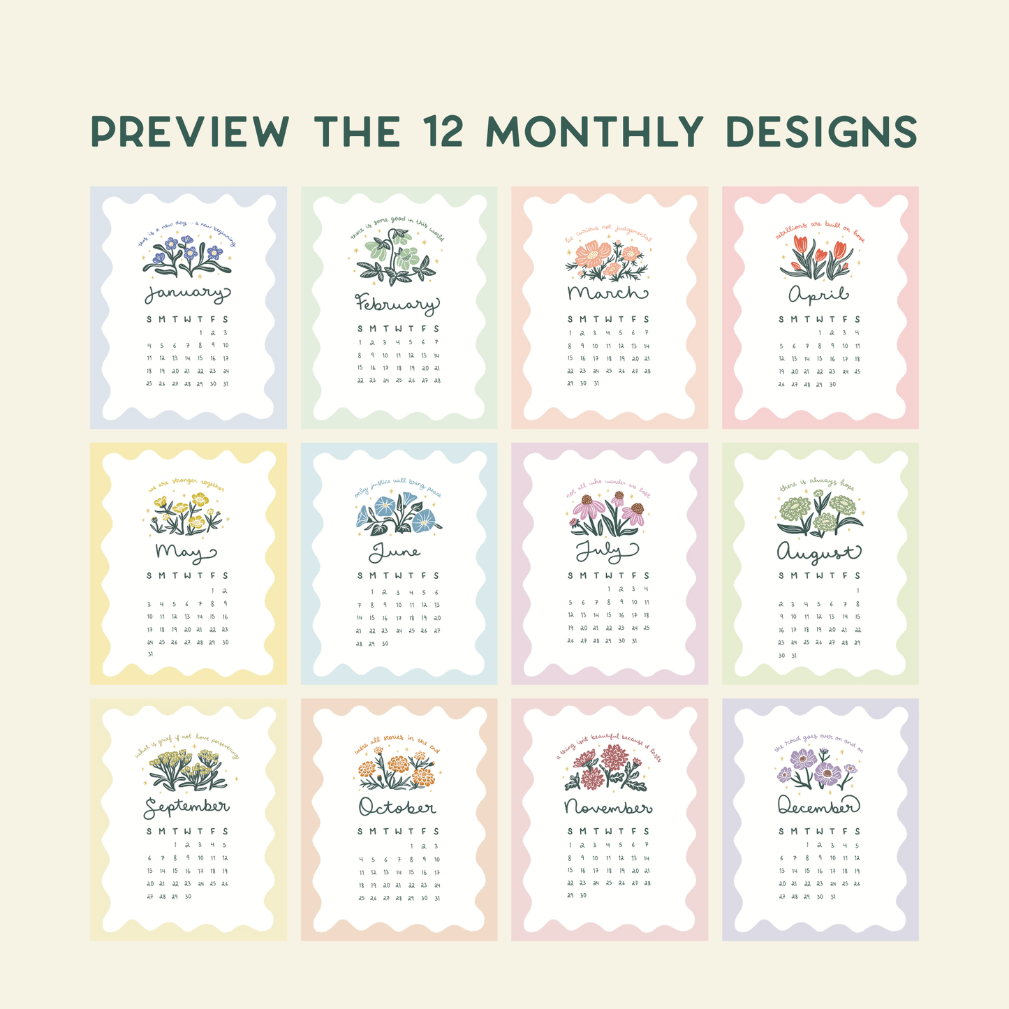 preview the 12 monthly designs - text is above a grid of 12 monthly calendar designs with floral elements on a beige background.