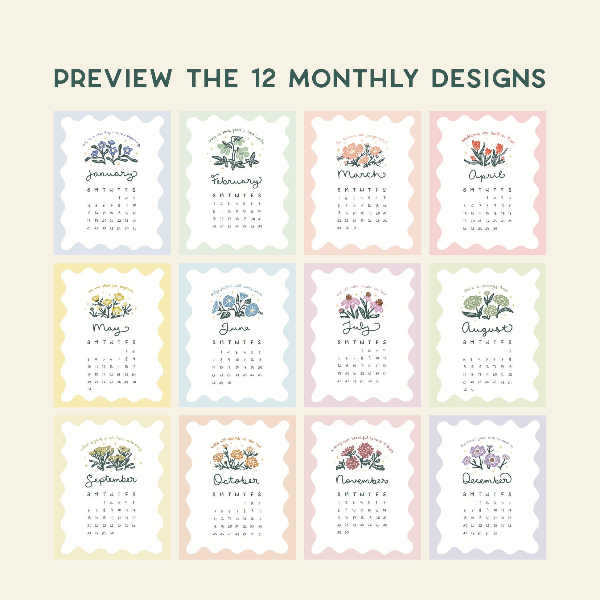 preview the 12 monthly designs - text is above a grid of 12 monthly calendar designs with floral elements on a beige background.