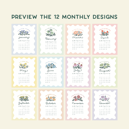 preview the 12 monthly designs - text is above a grid of 12 monthly calendar designs with floral elements on a beige background.