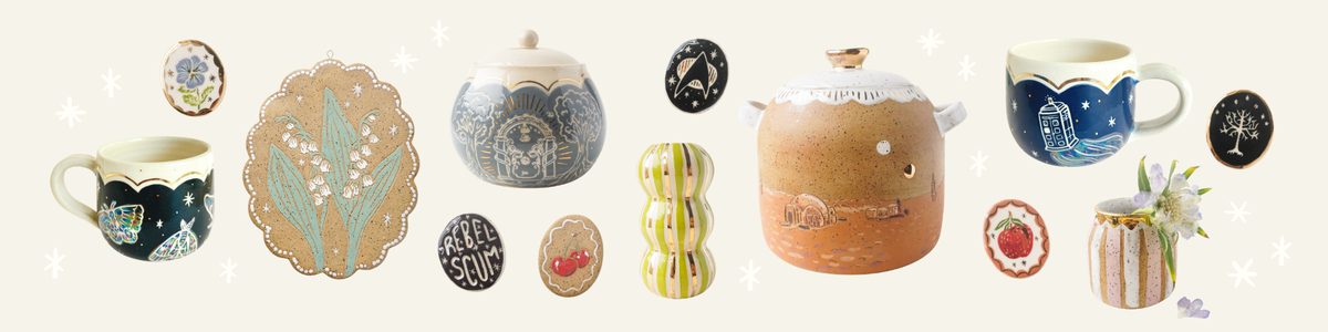 collage of handmade and hand painted ceramic mugs, magnets, bud vases, and jars with whimsical scallop edged details, star wars, doctor who, and lord of the rings imagery, and floral imagery
